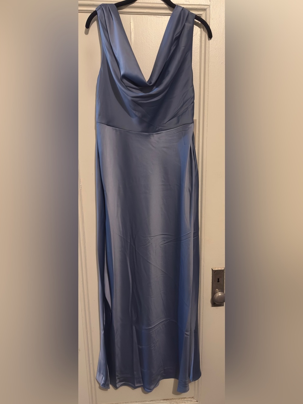 NWT Joie Blue Cowl Neck Satin Evening Dress. L 52.5” x W 19”.